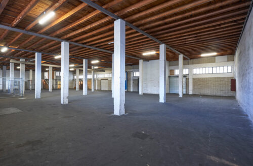 Leere Industriehalle mit grauem Boden, weißen Stützsäulen und einer Holzbalkendecke.
