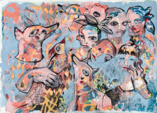 Abstrakte, farbenfrohe Komposition mit mehreren surrealen, verschwimmenden Gesichtern und Figuren.