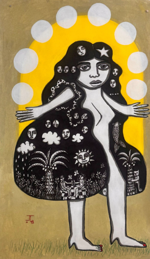 Surreale Illustration einer Frau mit Gesichtern im Haar und einem detailreichen schwarzen Kleid.