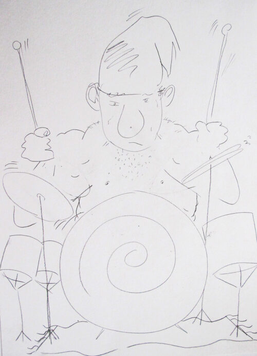 Line drawing of a muscular, shirtless man with a stern expression playing a drum kit.