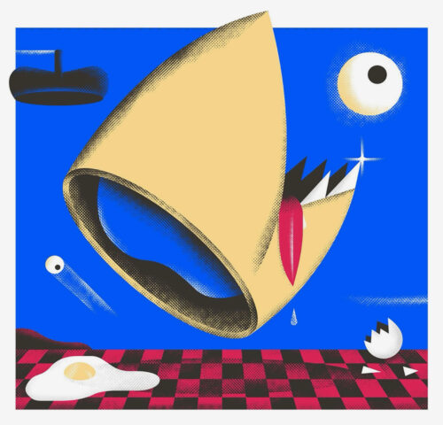 Surreale Illustration eines gelben, konischen Objekts mit Mund und Zähnen vor blauem Hintergrund.