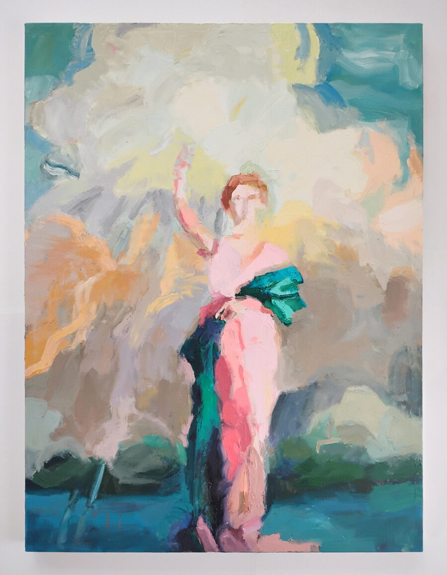 Abstract expressionist painting of a female figure in pink and teal against a cloudy background.