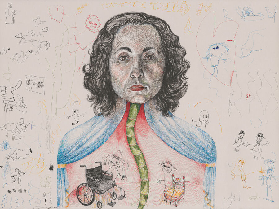 Detailed portrait of a woman in a blue cape surrounded by colorful, surreal child-like doodles.