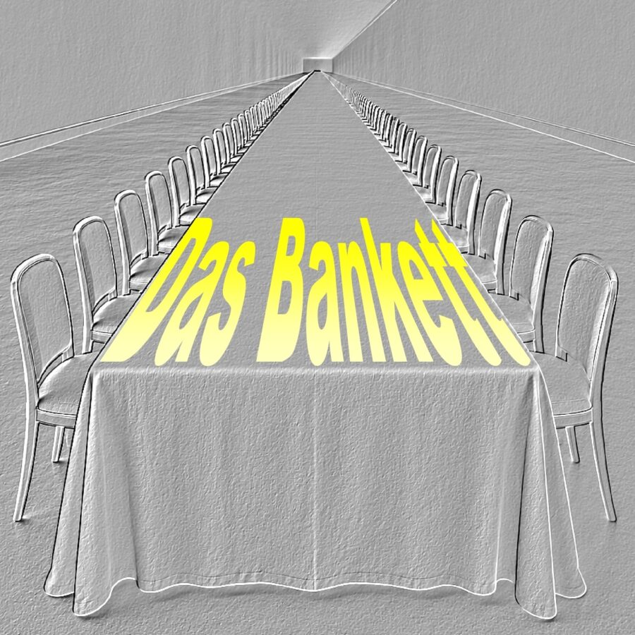 Graue Zeichnung eines sehr langen Banketttisches mit gelbem Schriftzug Das Bankett.