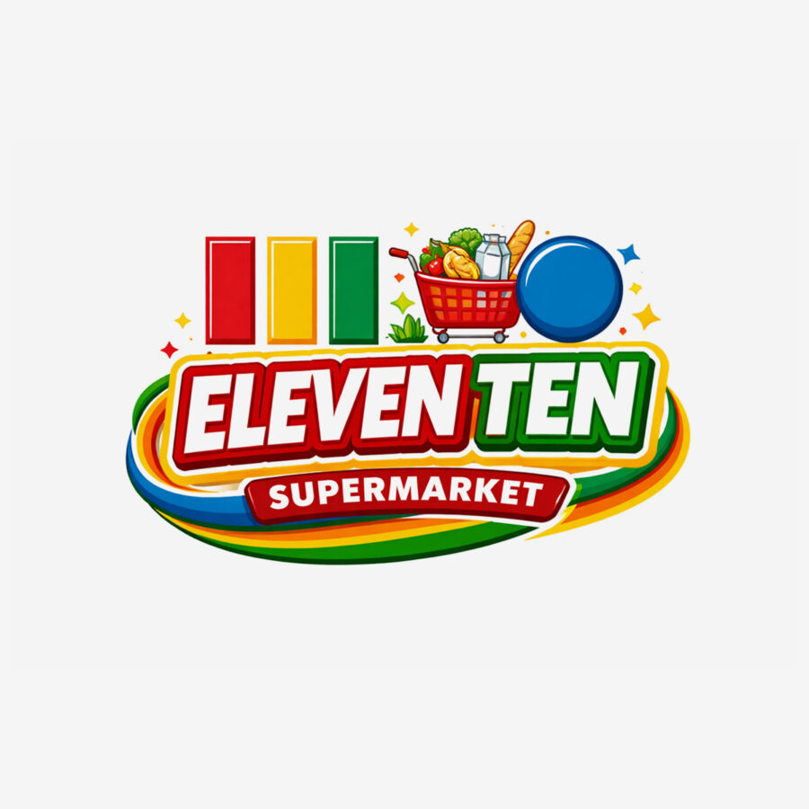 Farbenfrohes Logo des Supermarkts Eleven Ten mit einem gefüllten Einkaufswagen.