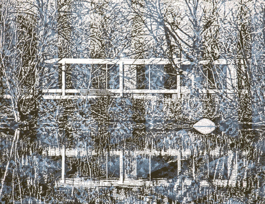 Ein abstraktes, blau-weißes Bild eines modernen Hauses im Wald mit Spiegelung im Wasser.