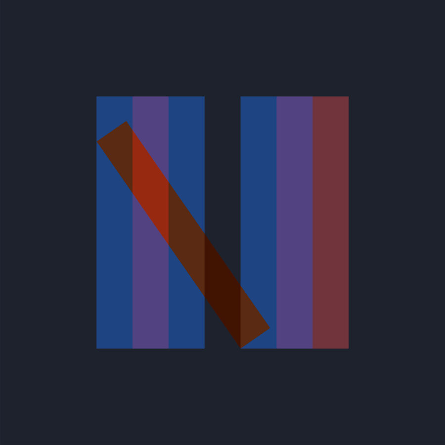 Abstraktes Logo in Form eines Buchstaben N aus bunten, vertikalen Streifen auf dunklem Grund.