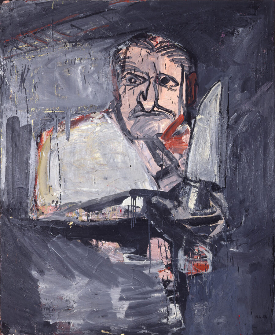 An expressionist painting of a man with a distorted face holding a large knife.