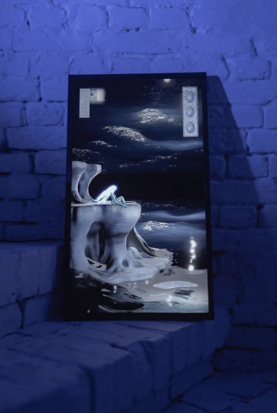 A framed surreal art piece with blue tones leaning against a blue brick wall.