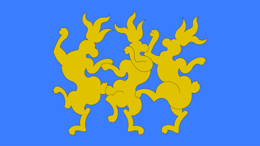 Drei gelbe, abstrakte und tanzende Figuren auf einem hellblauen Hintergrund.