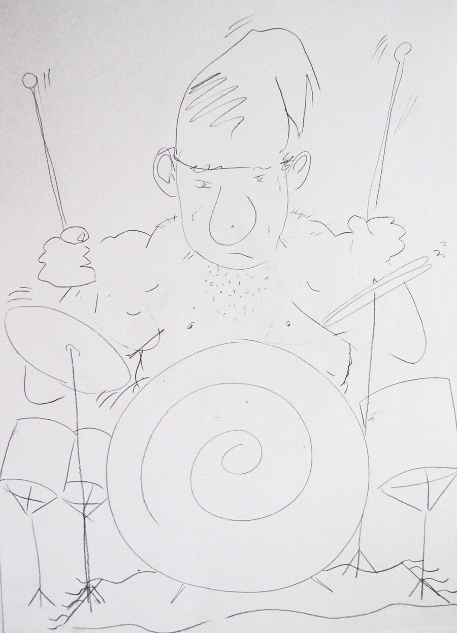 Line drawing of a muscular, shirtless man with a stern expression playing a drum kit.
