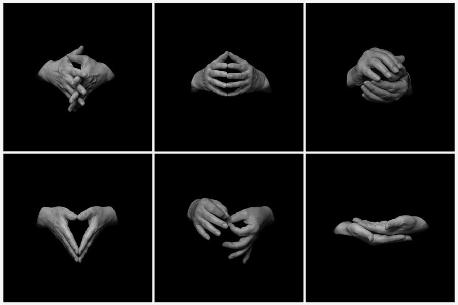 Six black and white photos showing different hand gestures against a black background.