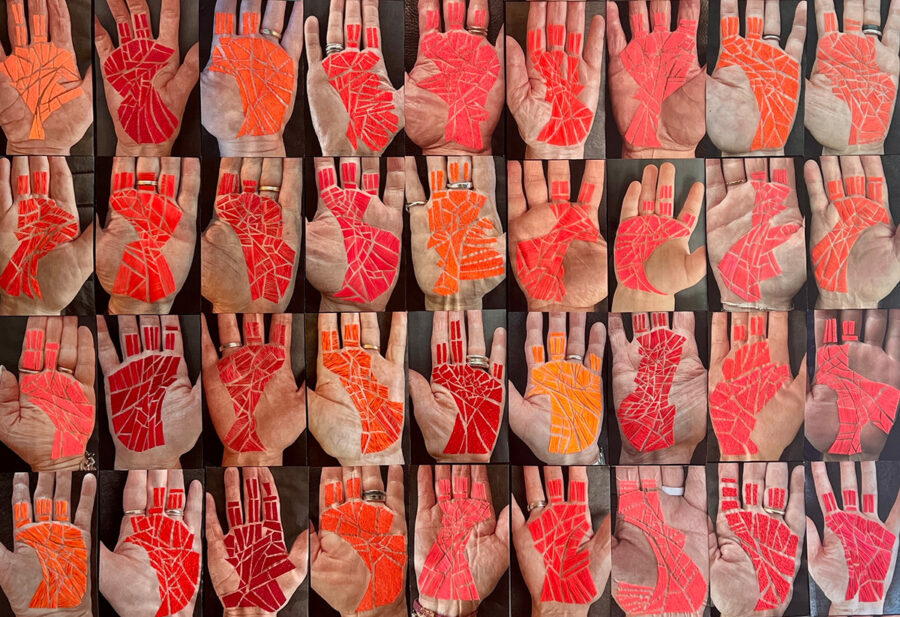 A grid of photos showing various open palms with red and orange geometric patterns on them.