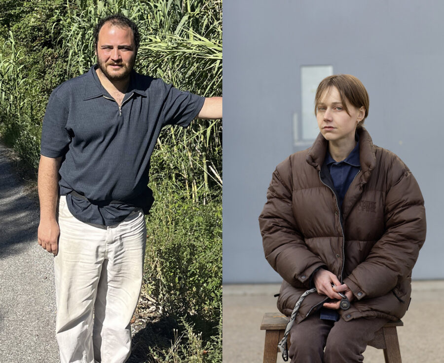 Side-by-side portraits of a man in a blue shirt outdoors and a woman in a brown puffer coat.