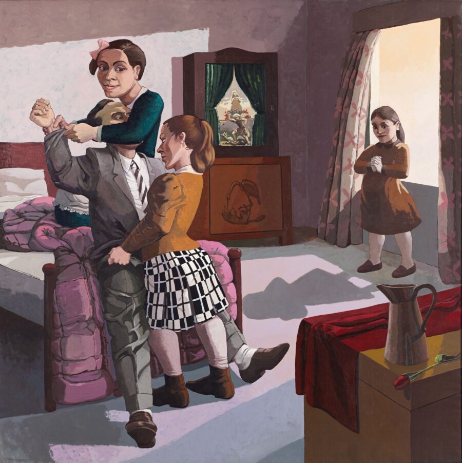 Ein surrealistisches Gemälde von drei tanzenden Personen in einem Raum, beobachtet von einem Mädchen.