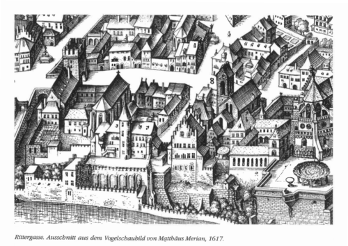 Historischer Kupferstich einer dicht bebauten Stadtansicht aus der Vogelperspektive von 1617.