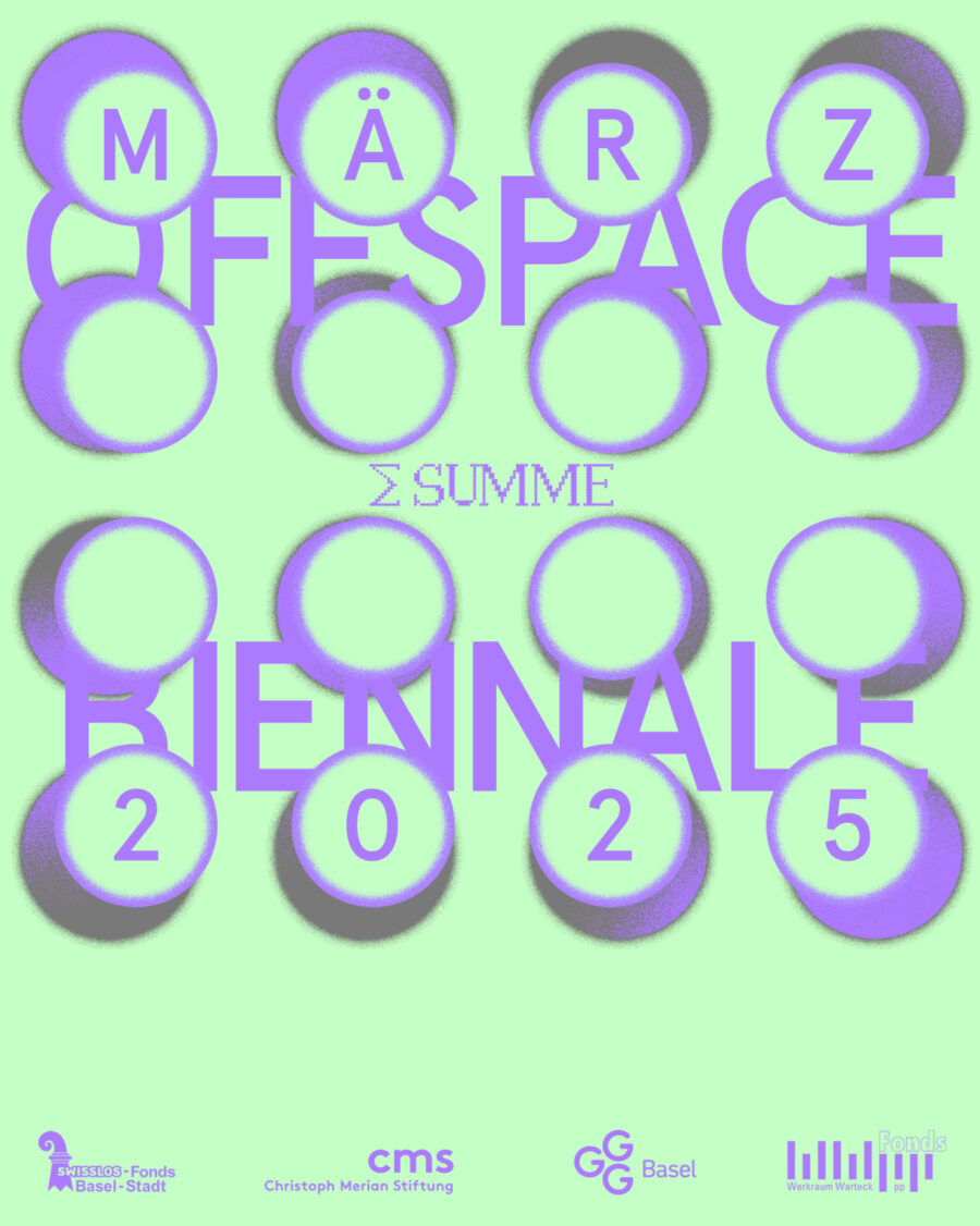 Plakat zur Offespace Biennale 2025 im März mit lila Kreisen auf hellgrünem Hintergrund.