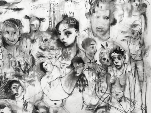 A surreal black and white charcoal drawing featuring multiple fragmented faces and figures.