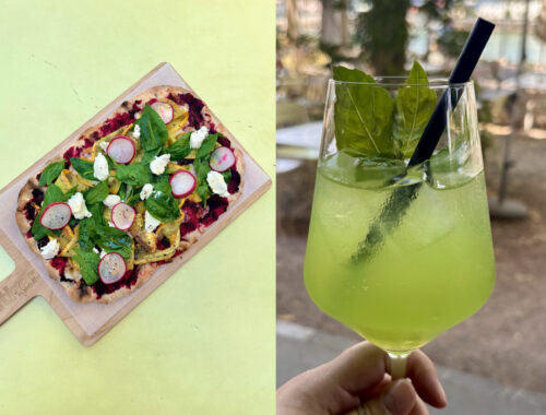 Eine bunte Pizza mit Rote Bete und Radieschen neben einem grünen Cocktail mit Basilikum.