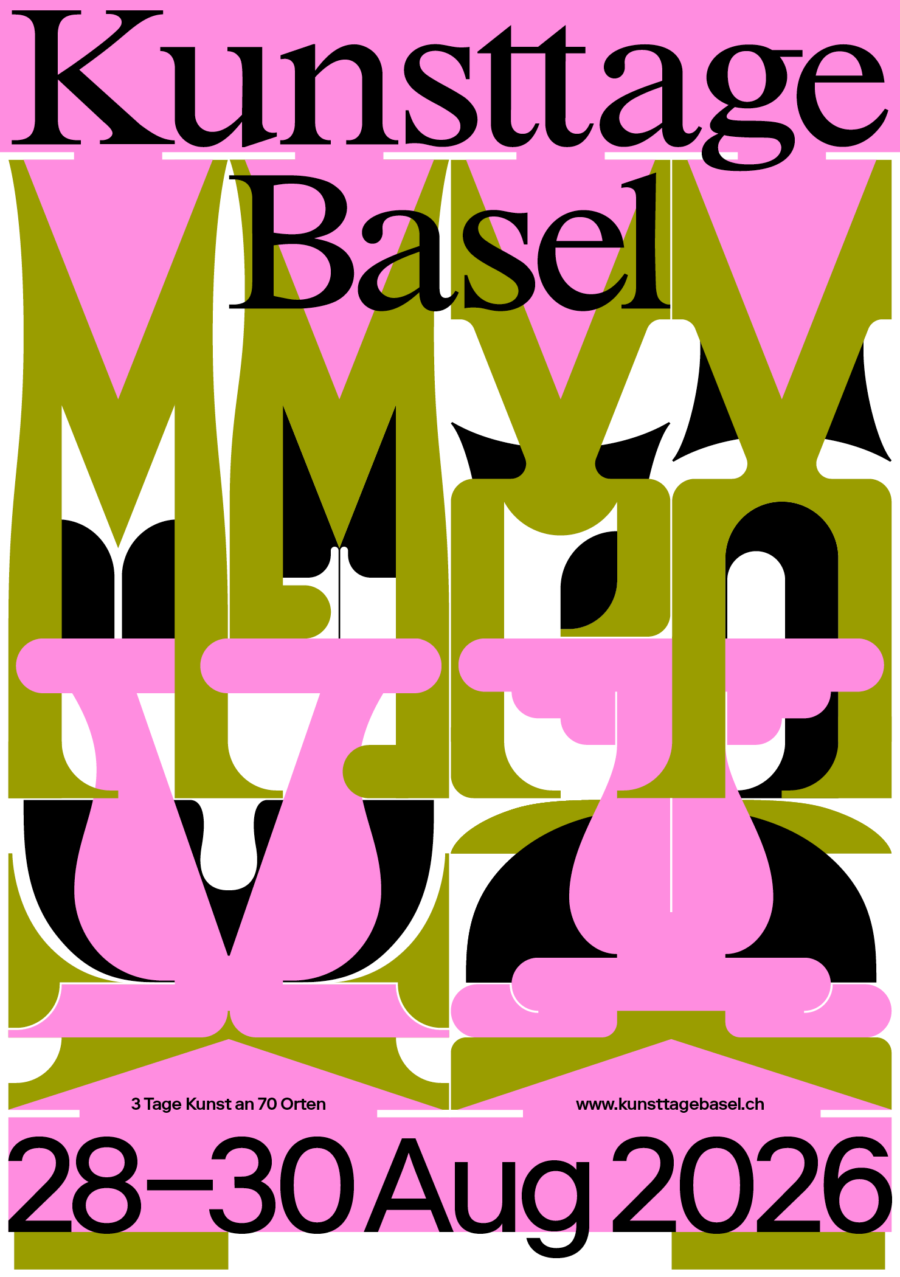 Abstract poster for Kunsttage Basel, August 28–30, 2026, with bold pink, olive, and black shapes.