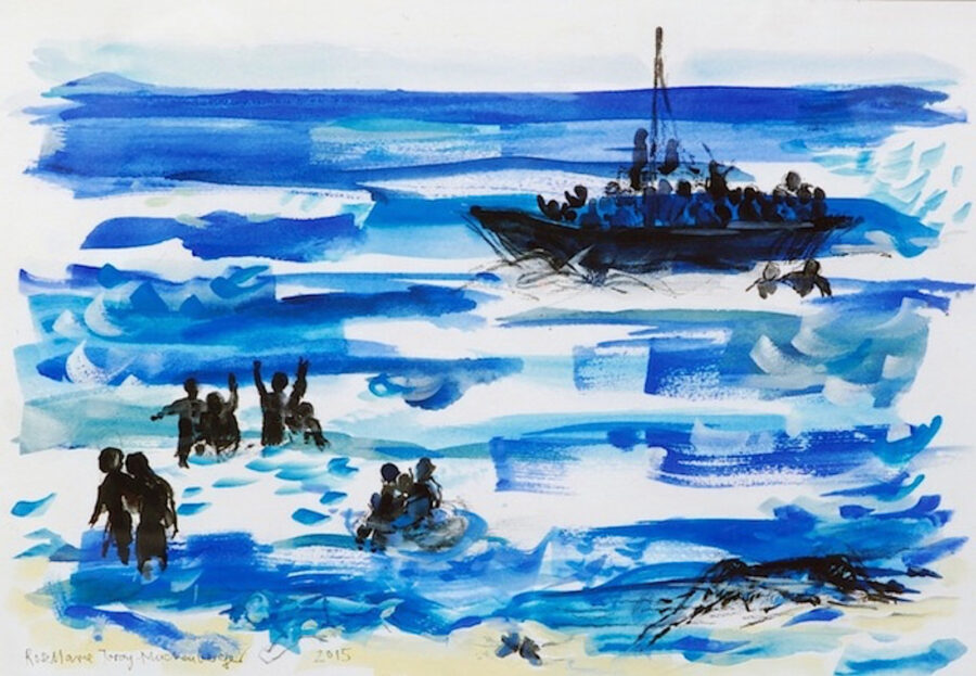 Abstraktes blaues Aquarellbild von Menschen im Meer und einem überfüllten Boot.