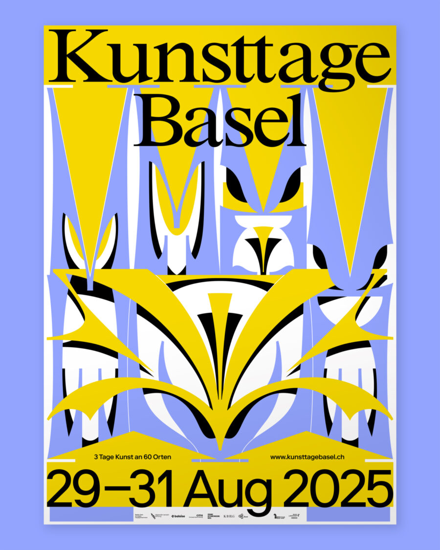 Abstract yellow, blue, and black graphic poster for Kunsttage Basel, August 29–31, 2025.