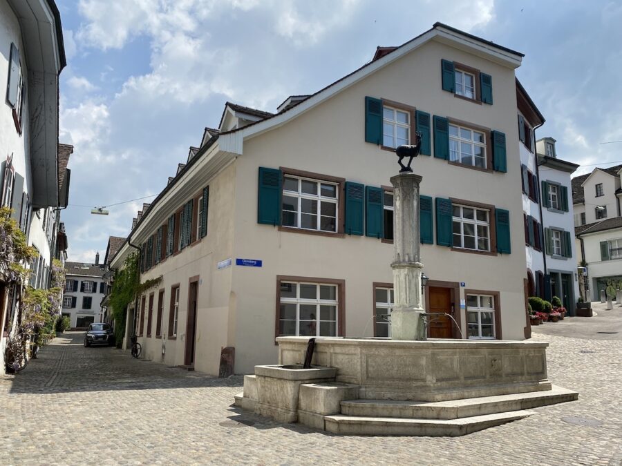 A cobblestone square with a stone fountain topped by a goat statue in front of traditional houses.