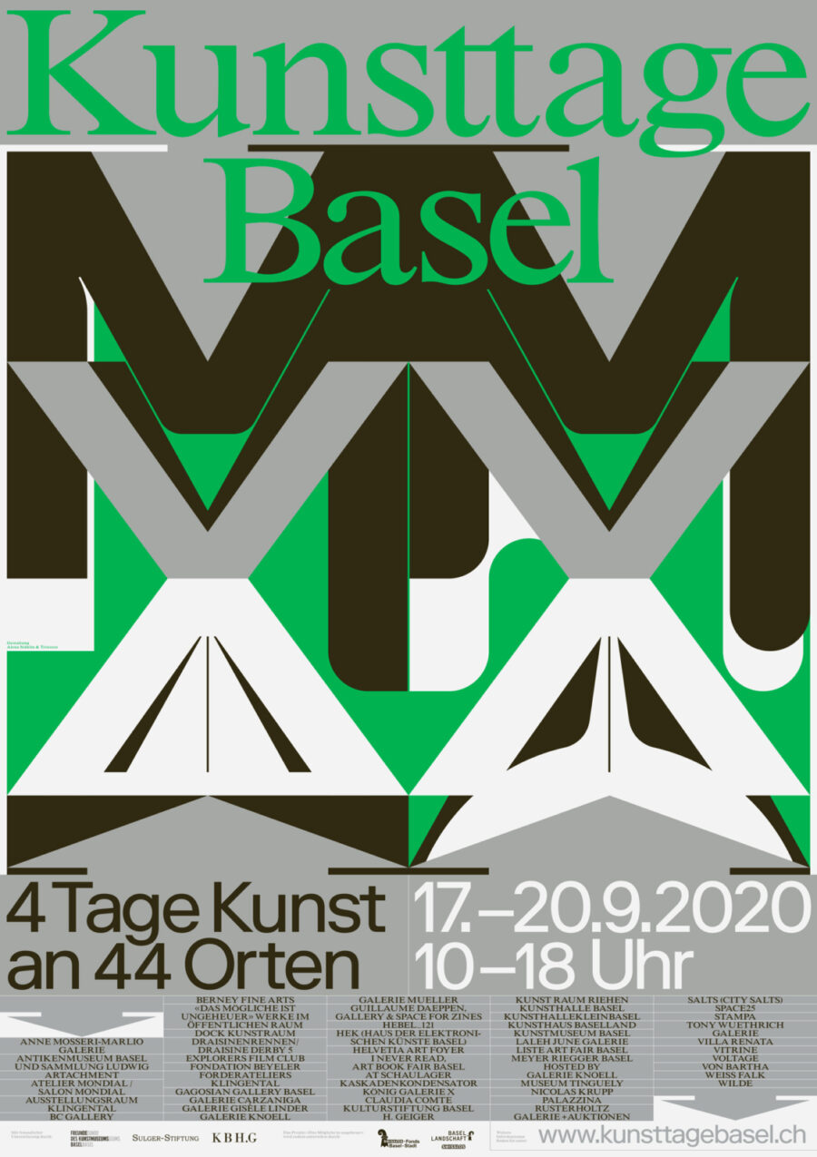 Poster for Kunsttage Basel 2020 featuring abstract geometric shapes in green, brown, and grey.