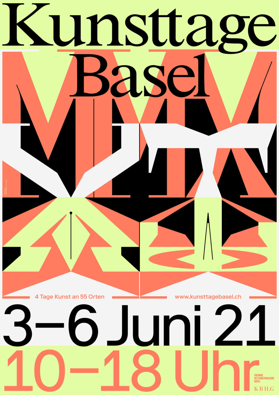 Graphic poster for Kunsttage Basel from June 3-6, 2021, featuring abstract geometric shapes.