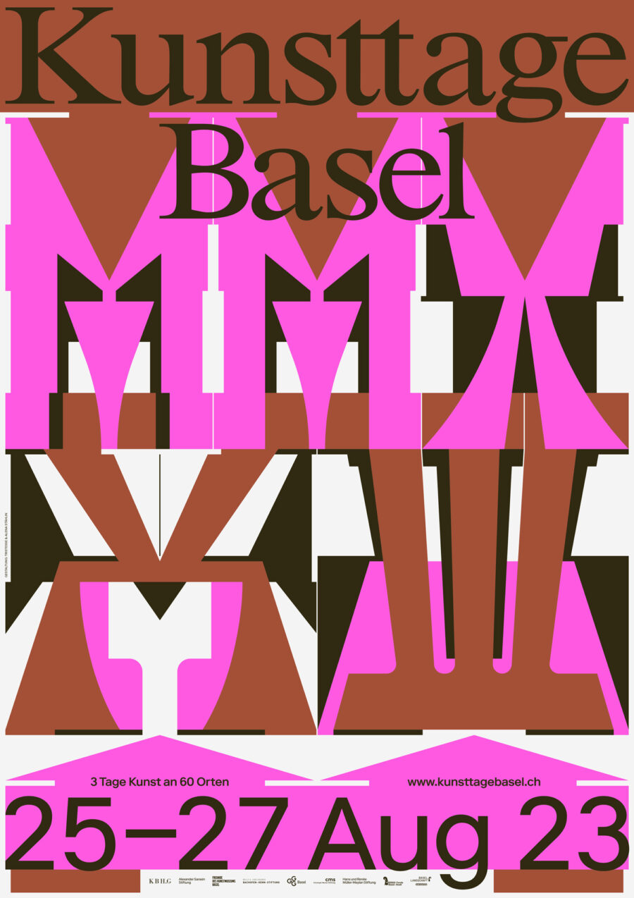 Event poster for Kunsttage Basel, August 25-27, 2023, with bold pink and brown abstract typography.