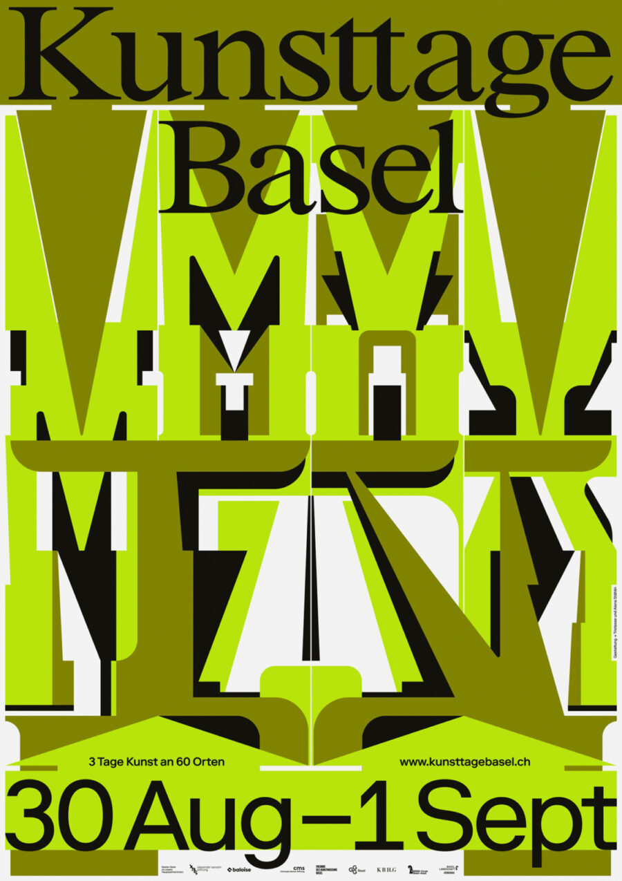 Graphic poster for Kunsttage Basel with bold, abstract typography in shades of green and black.