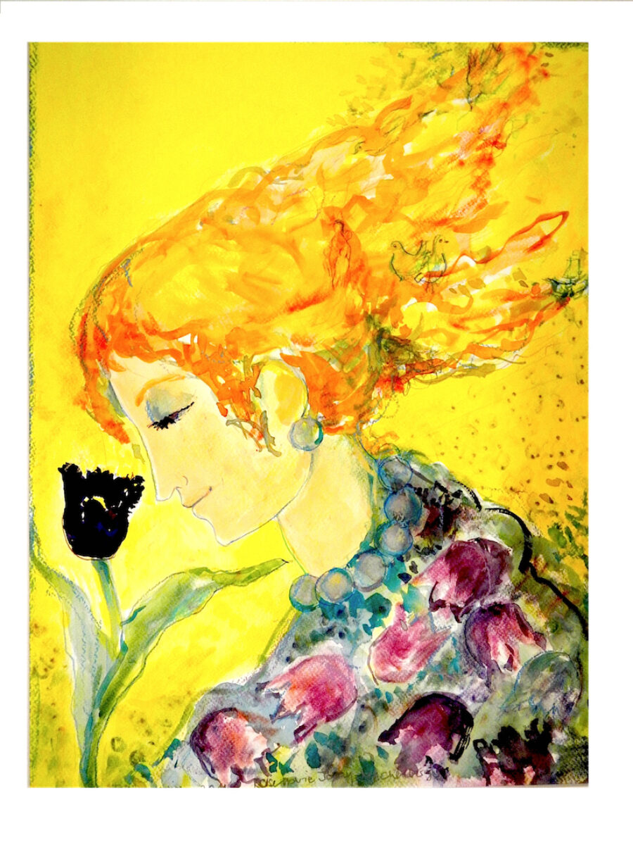 Aquarell einer Frau mit wehendem orangefarbenem Haar vor gelbem Hintergrund neben einer schwarzen Blume.